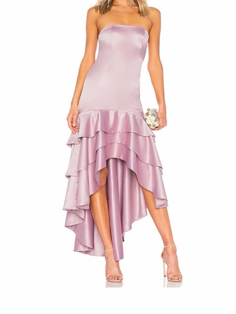 Lovers + Friends Lilac Strapless High-Low Satin Ruffle Dress